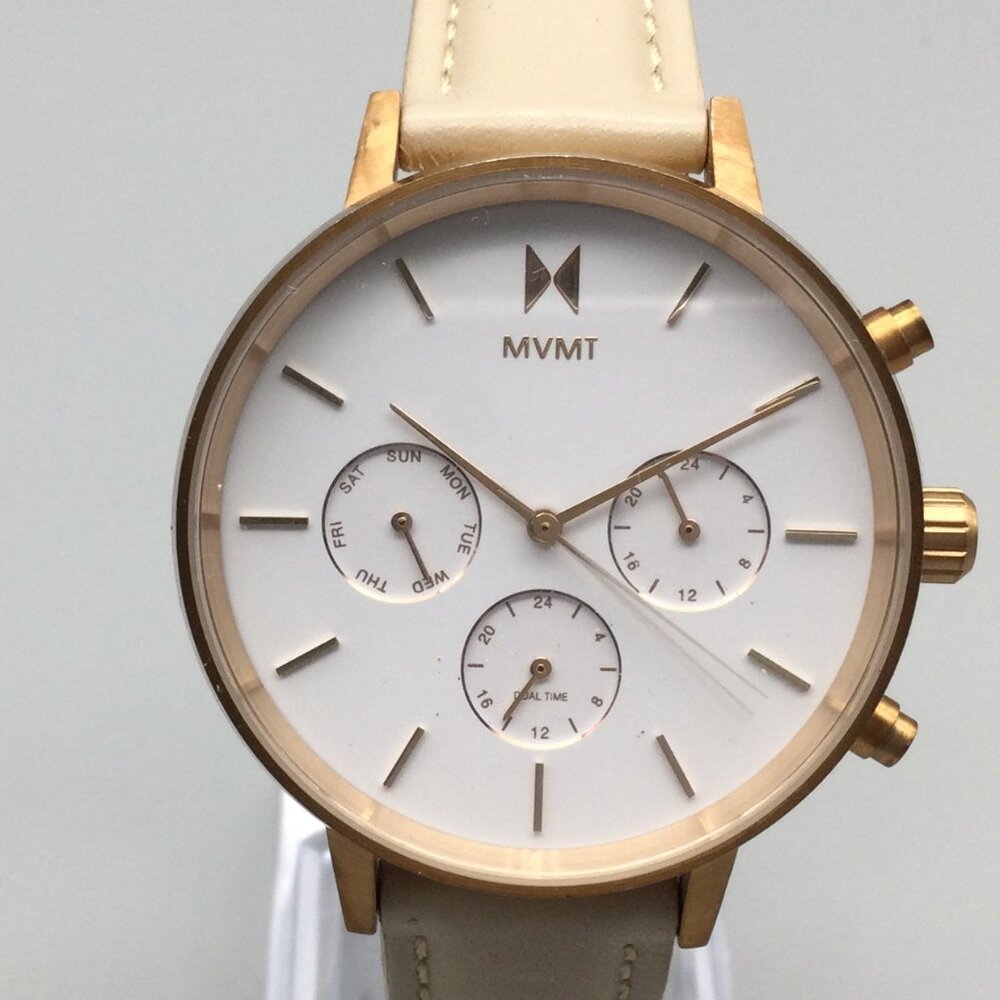 MVMT Nova Luna Watch Women Gold Tone Beige Leather Band Chronograph New Battery